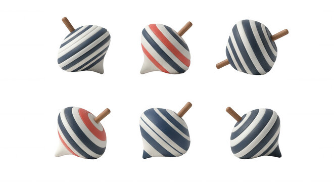 assorted colorful spinning tops isolated on white background suggesting play childhood or design in a studio setting illustrations or education
