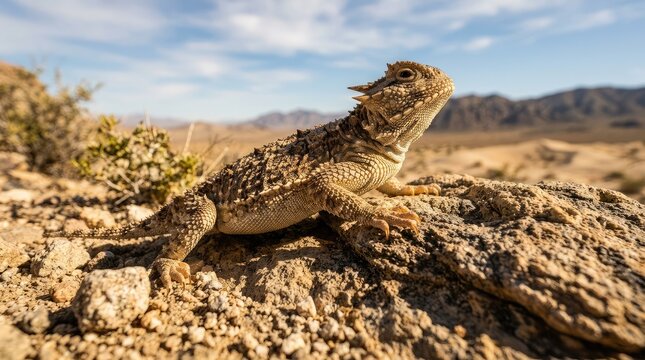 Horned Lizard Perched on a Desert Rock Under the Bright Sun in an Arid Natural Habitat Landscape