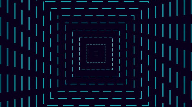 Abstract blue dashed lines forming an infinite geometric square tunnel on black background