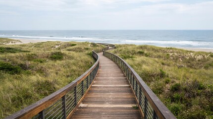 Obraz premium Wooden Boardwalk Through Coastal Sand Dunes to Ocean Horizon, Serene Travel Destination and Nature Background