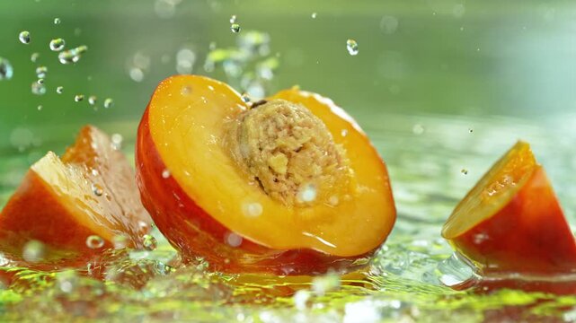 Super Slow Motion Shot of Fresh Nectarine Cuts Falling into Water and Making Splash at 1000fps.