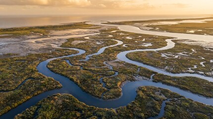Naklejka premium Aerial View of Winding Tidal Channels in Coastal Marshland at Sunset, Sustainability and Environmental Conservation Concept
