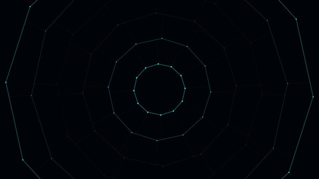 Abstract blue radial pulsar grid with glowing dots and lines on a black background