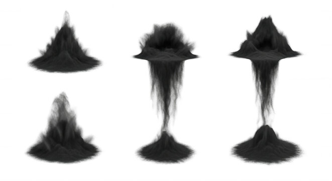 abstract black volcanic explosions on white background a destructive force possibly for energy power or conceptual design