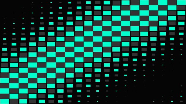 Abstract cyan geometric grid pulsing with halftone square patterns on a black background