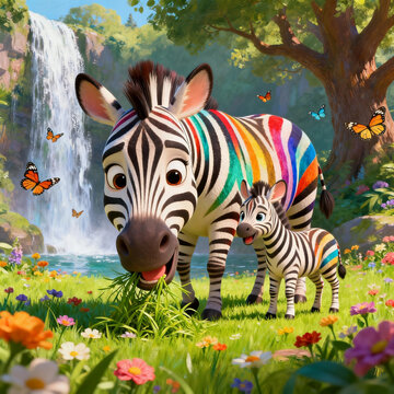 Cartoon Oil Painting Rainbow Zebra Mother and Foal by Waterfall Meadow