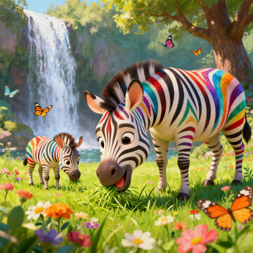 Cartoon Oil Painting Rainbow Zebra Mother and Foal by Waterfall Meadow