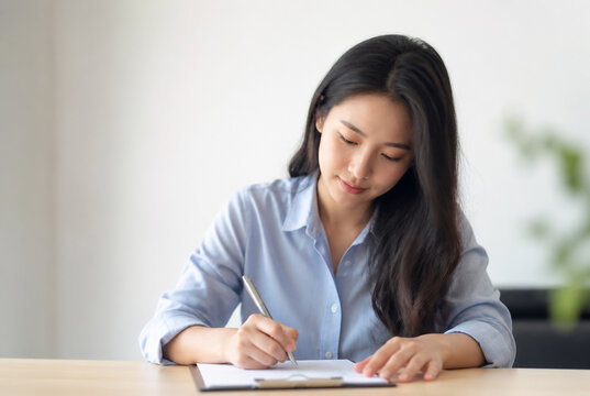 デスクでバインダーの書類に記入する日本人女性 Generative AI