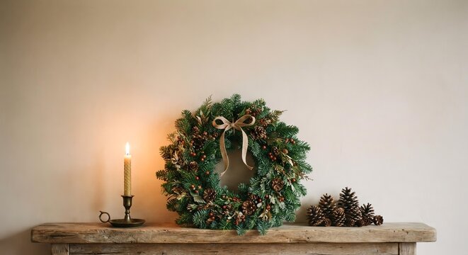 Christmas Wreath with Pinecones and Candle on Rustic Mantel, Minimalist Holiday Background for Seasonal Greeting Card