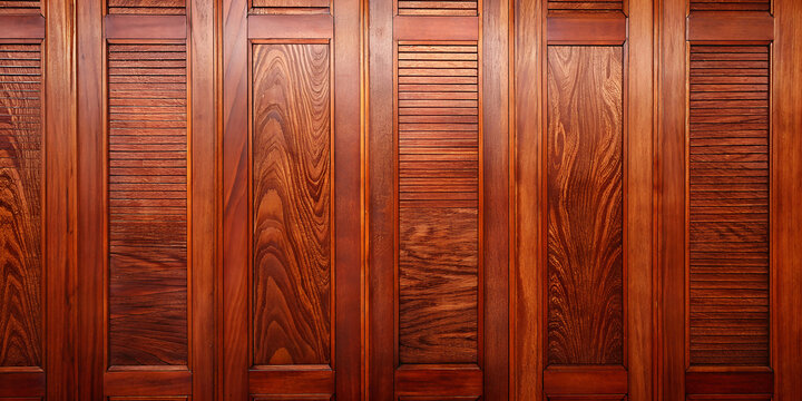 Elegant classic reddish brown wooden wall panel texture background with vertical frames and shutters