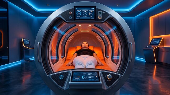 Patient receiving treatment inside advanced hyperbaric oxygen chamber