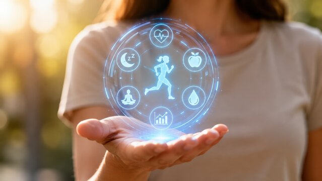  Woman's hand holding a glowing digital hologram interface with health, fitness, and wellbeing icons. Healthy lifestyle, smart healthcare technology, and wellness tracker concept