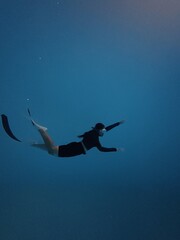 Fototapeta premium Woman freediver gliding horizontally underwater inside clear blue swimming pool