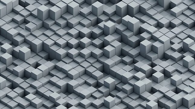 Abstract 3D rendering with gray geometric blocks, creating a modern digital cube surface pattern background texture