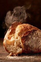 Fototapeta premium Fresh rustic artisanal bread loaf with rising steam