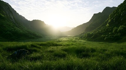 Fototapeta premium Lush Green Valley at Sunrise with Cinematic Lighting
