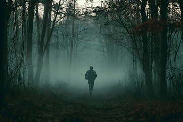 Fototapeta premium Silhouette of a runner in a misty forest at dawn