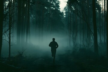 Fototapeta premium Silhouette of a runner in a misty forest at dawn
