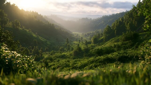 Lush Green Valley at Sunrise with Cinematic Lighting