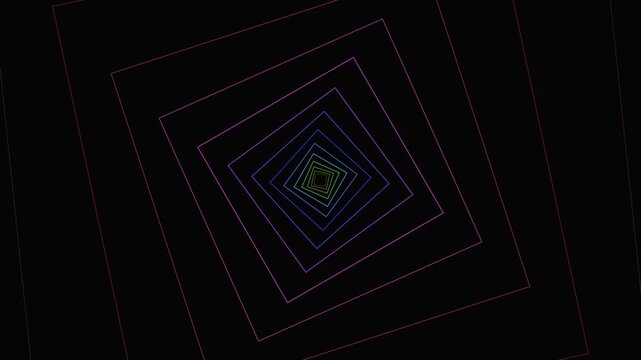 Abstract neon square tunnel with vibrant geometric lines moving through dark space