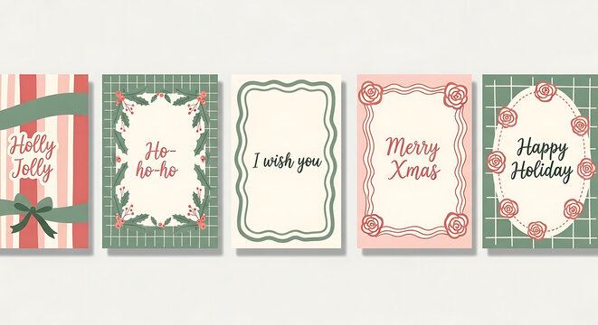 Set of Christmas greeting cards and festive holiday tags in a winter stationery set featuring holly berry illustration and pastel Christmas designs
