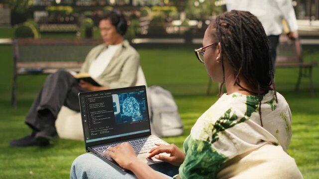 The student uses binary code and artificial intelligence on a laptop, programming language with machine learning and neural networks, during solo study on a modern campus, reflecting student life.