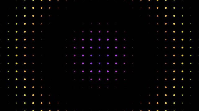 Abstract pulsing plasma grid with vibrant circular patterns and halftone dots on black