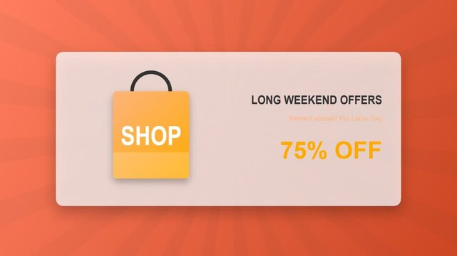 Long weekend offers shopping bag promotion banner with seventy five percent off discount text