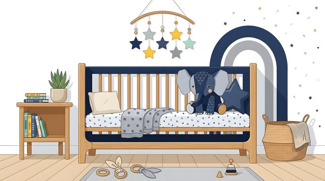 Modern baby nursery room interior vector illustration with wooden crib, star mobile, and elephant toy.