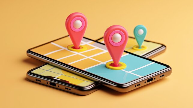 Smartphone with map, 3D Map pins, GPS, navigator pin checking points, 3D World Map icon, technology and application mobile smart phone with mobile, delivery tracking, transportation, generate by AI