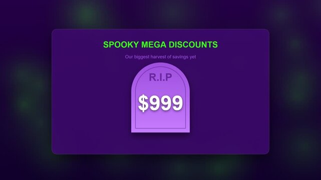 Spooky mega discounts banner with animated tombstone and rising dollar price for halloween sale