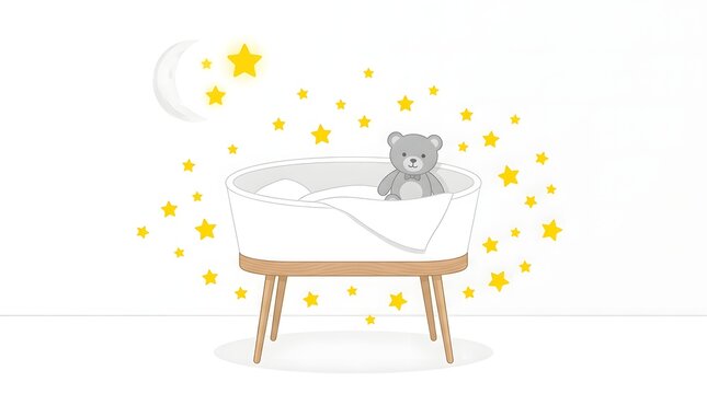 Cute modern baby bassinet with teddy bear under stars and moon vector illustration.