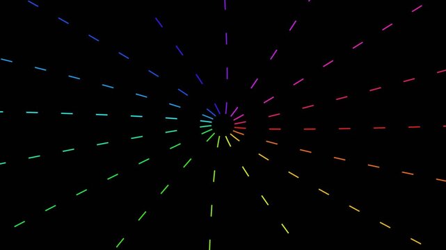 Abstract rainbow dashed lines radiating from four vanishing points on a black background