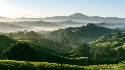 Fototapeta premium Rolling hills at dawn with morning mist