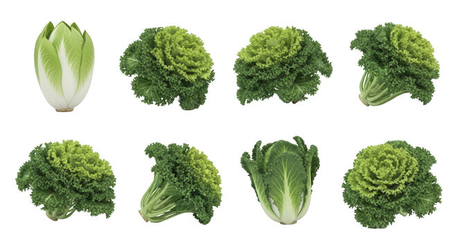 various views of green vegetables from chicory to flowering kale on a clean white backdrop possibly for culinary or health related publications