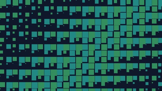 Abstract recursive box tiling pattern with teal and green squares on a dark background