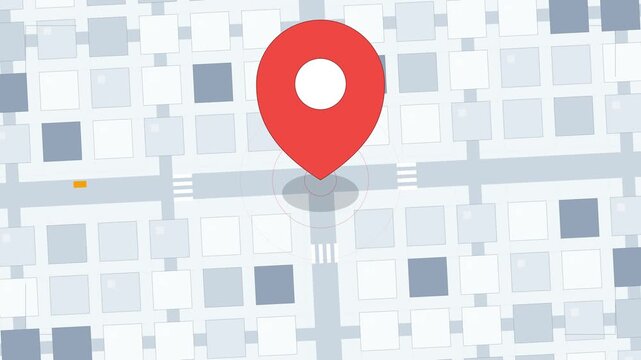Red Location Pin Bouncing on Flat City Map Top View Animation