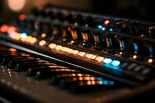 Vintage analog synthesizer interface with glowing LEDs