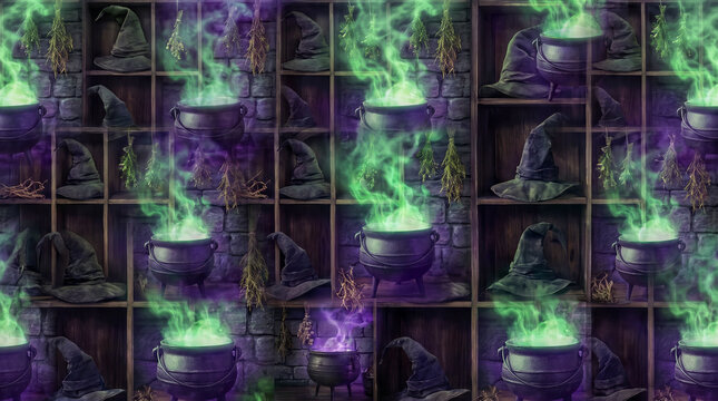 gridded arrangement of witch hats and bubbling cauldrons overlapping in a rhythmic sequence featuring vivid green and deep purple hues creating a mystical magical atmosphere