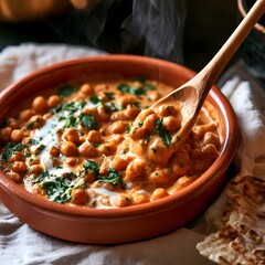Fototapeta premium Creamy chickpea curry in terracotta bowl with steam