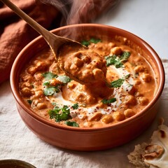 Fototapeta premium Creamy chickpea curry in terracotta bowl with steam