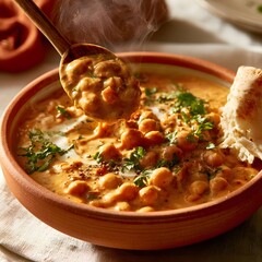 Fototapeta premium Creamy chickpea curry in terracotta bowl with steam