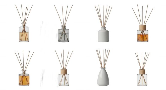 various reed diffusers arranged on a white backdrop different fragrance options for home fragrance and air freshening