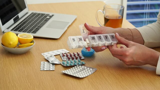 Organizing weekly medication with pill box on wooden desk near laptop and tea