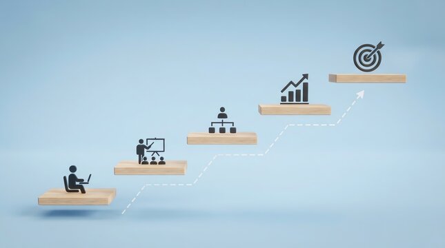Conceptual business steps and career growth concept with icons on wooden blocks