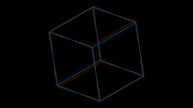 Abstract wireframe cubes with RGB prism dispersion rotating on a black background