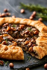 Fototapeta premium Warm mushroom galette being cut with steam rising