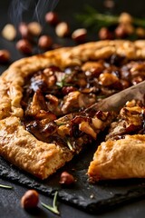 Fototapeta premium Warm mushroom galette being cut with steam rising