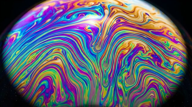 Macro view of a colorful soap bubble film with swirling liquid patterns