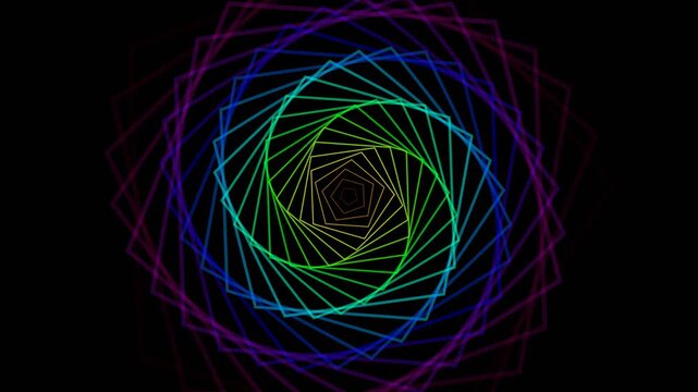 Colorful geometric pentagon spiral tunnel rotating infinitely in a dark space for background